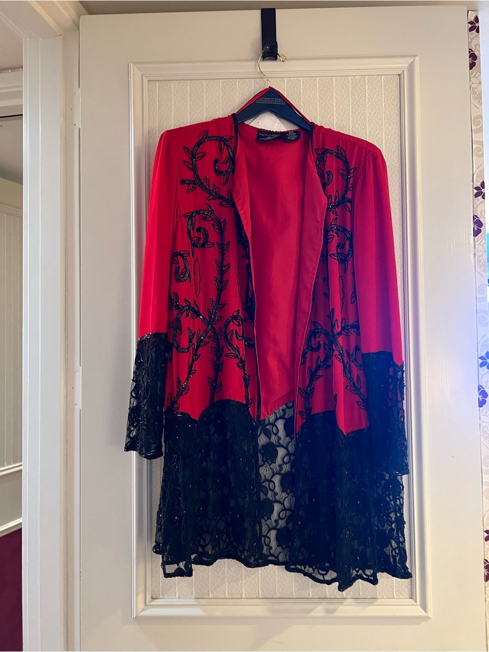 Lux Satin & Lace Open-Front Robe in Red with Black Lace